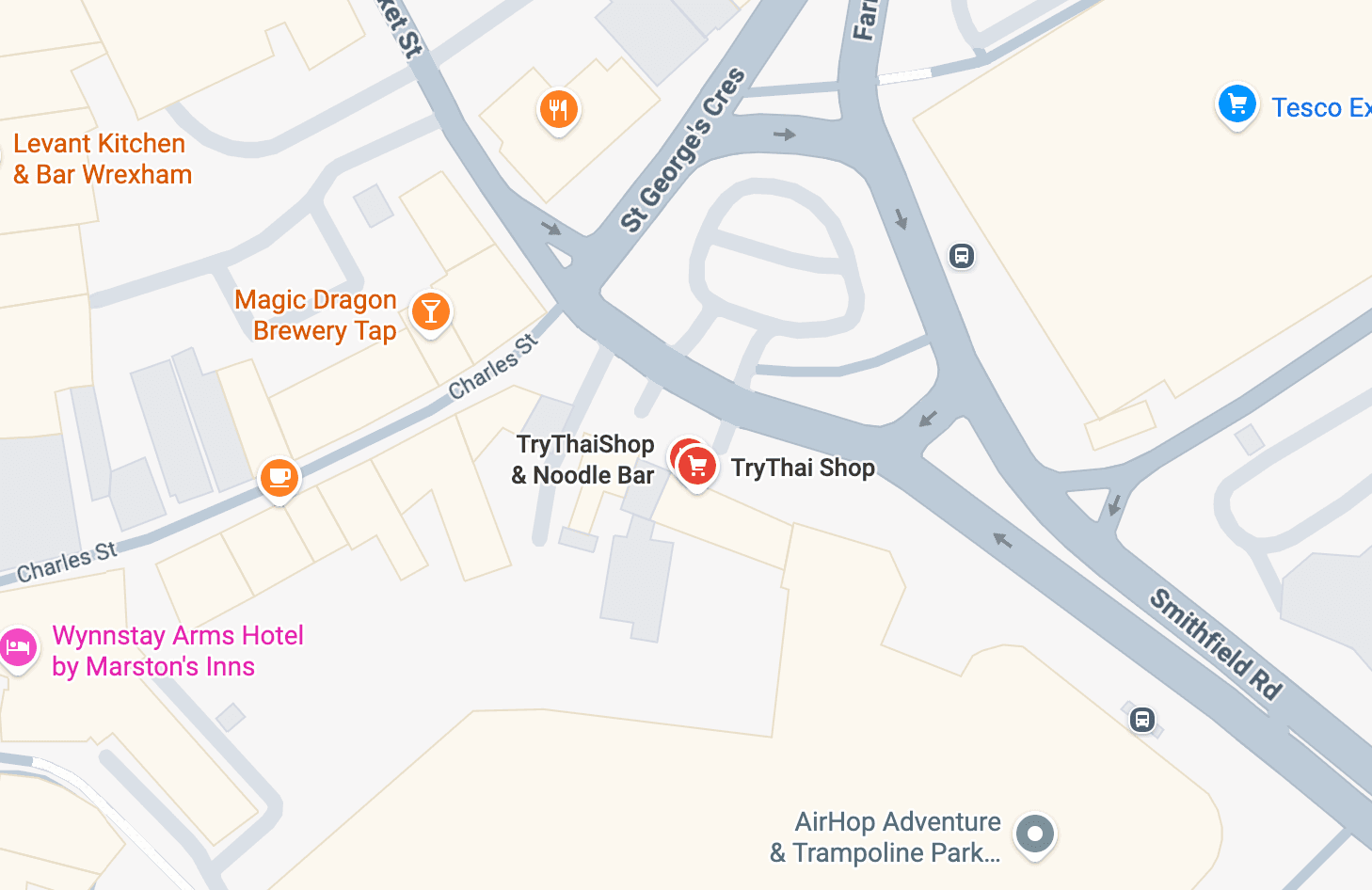 Map showing Try Thai Shop at 39 St George's Cres, Wrexham LL13 8DB